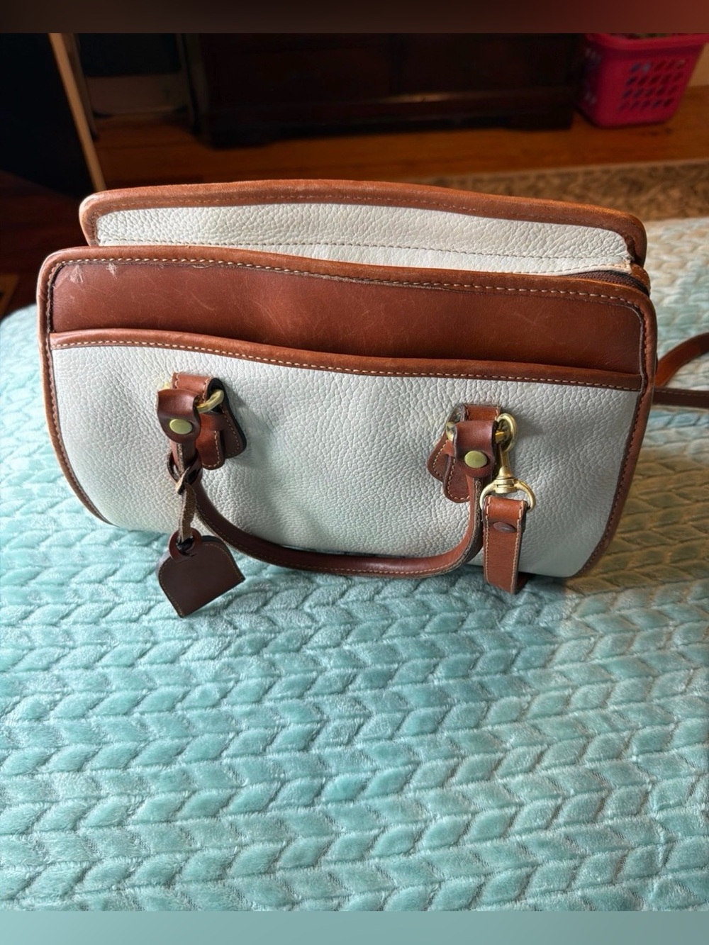 Vintage cream and tan leather Liz Claiborne satchel purse